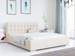 Polsterbett mit Kopfteil - Doppelbett mit Bettkasten - VENTO Bed mit Lattenrost - 180x200 cm Creme Kunstleder