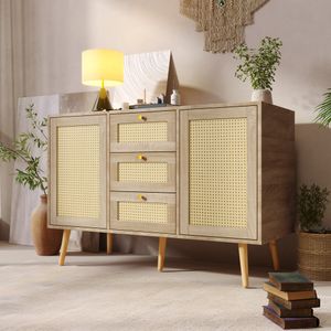 Flieks Kommode  Rattan Eiche 120*82*40cm Sideboard mit 3 Schubladen und 2 Türen mit verstellbaren Ablagen