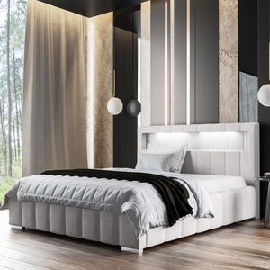 Selsey Polsterbett FOENUM - Doppelbett 180 x 200 cm - Stoffbezug in Beige, mit Lattenrost, Bettkasten und LED