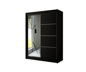 ALTDECOR Kleiderschrank mit Spiegel und Schiebetüren, kugelgelagerte Führungsschienen und Aluminium-Leisten, PAKO 150 cm Schwarz
