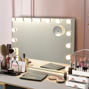 COSTWAY Kosmetikspiegel mit 15 LED Beleuchtung Schminkspiegel 3 Lichtfarben inkl. 10-Fach-Vergrößerungsglas Bluetooth USB 58x15x48cm