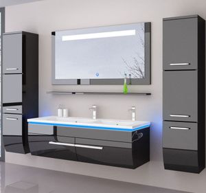 Doppelwaschtisch 120 cm    Schwarz  Hochglanz Doppelwaschbecken Badmöbel Set Bad  Led System Fertig Montiert