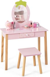 Dětský toaletní stolek COSTWAY HY10094PI, s taburetem, 2v1, s králičím designem, 2 zásuvkami a úložným regálem, růžový - A