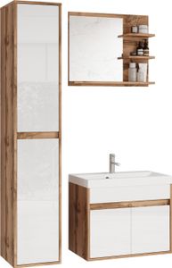 Selsey LUANI - Badezimmermöbel-Set mit Waschtischunterschrank Wotan / Weiß Hochglanz Selsey LUANI - Badezimmermöbel-Set mit Waschtischunterschrank Wotan / Weiß Hochglanz