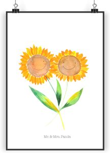 Mr. & Mrs. Panda Poster Blume Sonnenblume DIN A5 - Weiß - Geschenk, Bild, Sommer Deko, Handgemaltes Poster, beste Freundin, Kinderposter, Blumen, Blumen Deko, Freundin