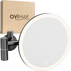 ovimar Kosmetikspiegel Ringstind gunmetal | mit Beleuchtung | wiederaufladbar | Wandmontage zum Bohren | im Badezimmer |5fach Vergrößerungsspiegel | Schminkspiegel mit Licht | 360 Grad Spiegel