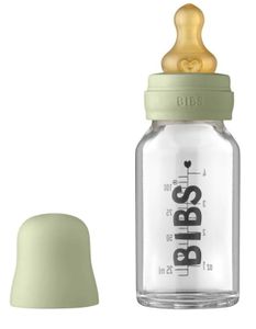 BIBS Baby Glass Bottle 110ml, Vermindert Koliken, Runder Sauger aus Naturkautschuklatex, Unterstützt das Stillen. Hergestellt in Dänemark, Complete Set - 110 ml, Sage