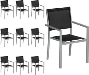 10er Set Stühle aus grauem Aluminium - schwarzes Textilene