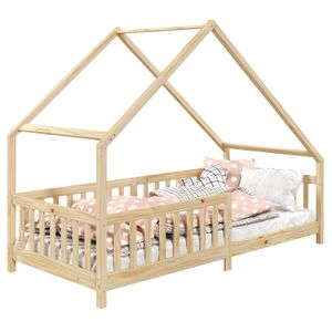 Hausbett CORA aus massiver Kiefer, Montessori Bett in 90 x 200 cm, Kinderbett mit Rausfallschutz und Dach