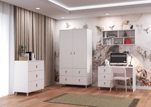Kinderzimmer-Set Schrank Kommode Schreibtisch Wandregal Figo (Weiß/Weiß)