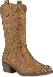 VAN HILL Damen Cowboystiefel Stiefel Spitze Strass Western Schuhe 840905, Farbe: Hellbraun, Größe: 39