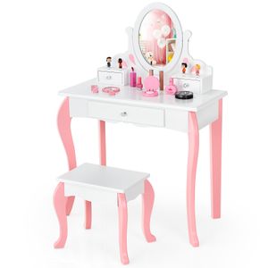 COSTWAY Dětský toaletní stolek se stoličkou, toaletní stolek pro princezny se 3 zásuvkami a zrcadlem otočným o 360 stupňů, toaletní stolek růžový, toaletní stolek pro dívky (bílý)