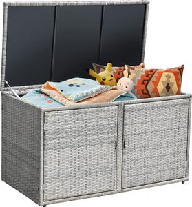 COSTWAY Auflagenbox Rattan 335L Stauraum, Kissenbox mit Doppeltüren & Ablage, Truhenbank Sitzbank für Terrasse Garten Balkon 115x60x65cm (Grau) COSTWAY Auflagenbox Rattan 335L Stauraum, Kissenbox mit Doppeltüren & Ablage, Truhenbank Sitzbank für Terrasse Garten Balkon 115x60x65cm (Grau)