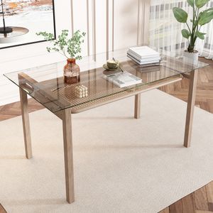 Flieks jídelní stůl obdélníkový s úložným prostorem, kuchyňský stůl jídelní stůl s deskou z tvrzeného skla, ratanový dřevěný stůl, 110x65x74cm, béžový