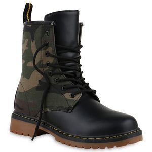 Mytrendshoe Geschnürte Damen Worker Boots Profil Sohle Punker Stiefeletten 813633, Farbe: Camouflage, Größe: 39