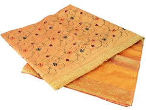 Oriantalische Brokatdecke, Tagesdecke, Bettüberwurf - Orange/gelb, Viskose, 270*230 cm, Patchwork Steppdecke aus Indien