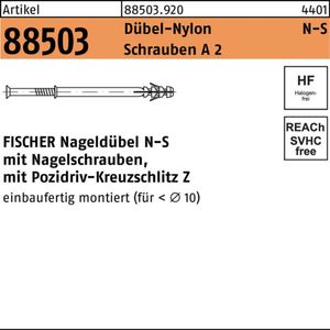 Nageldübel Fischer N-S mit Nagelschraube A2 - N 6x40/10 S A2 - 50 Stk