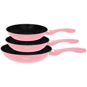 Cheffinger, 3er-Set Bratpfannen mit Marmor-Effekt-Beschichtung und Antihaftbeschichtung, Rosa