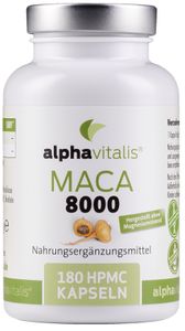 Alphavitalis Maca 8000 Gold | 180 Kapseln 20:1 Maca Wurzel Extrakt | ohne Magnesiumstearat | hochdosiert | labor | vegan |