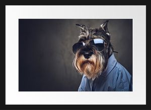 Lustiger Hund mit Hemd und SonnenbrilleBilderrahmen mit Galerie-Passepartout / Format: 55x40cm / gerahmt / hochwertige Leinwandbild Alternative