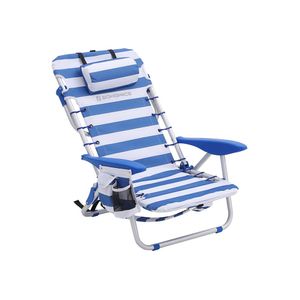 Rootz Strandstuhl – Strandstuhl mit Kissen – klappbarer Strandstuhl – Strandliege – verstellbarer Strandstuhl – Sonnenliege – ergonomischer Strandstuhl – Blau + Weiß – 63 x 68 x 75 cm