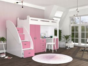 Hochbett Etagenbett Spielbett Kinderbett mit Matratze und Schublade 200x80 cm, Farbe:Weiß - Rosa