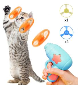 Katzenholspielzeug Fliegende Propellerscheibe Katzenspielzeug, Jagduntertasse mit 1 Werfer und 5 Propellern für Interaktiv, Training, Schlagen ( Blau)