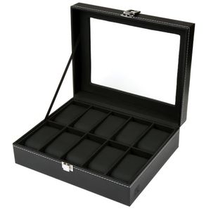 H&S. Uhrenbox für Damen & Herren - Uhrenhalter mit Glasdeckel & Samtauskleidung - Uhrenkasten in Schwarz aus Kunstleder - Uhrenaufbewahrung mit Platz für bis zu 10 Uhren - Uhrengehäuse