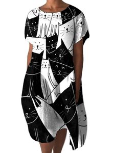 Damen Hohe Taille Sundress Motivprint Long Kleider Casual Short Sleeve Maxikleider,Farbe:Weiß,Größe:S