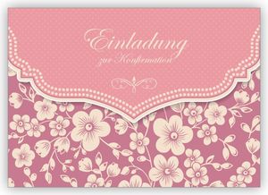 4x Wunderbare Vintage Einladungskarte mit Retro Kirschblüten Muster in rosa für Mädchen: Einladung zur Konfirmation