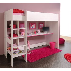 Hochbett Smoozy inklusive Schreibtisch und vieler Regalfächer Weiß Spielbett Kinderbett Jugendzimmer