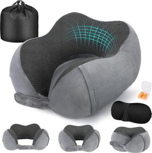 Nackenkissen Flugzeug, Nackenhörnchen Erwachsene, Ergonomisches Weich Atmungsaktiv mit Ohrstöpseln, Augenmaske,Tragetasche grey