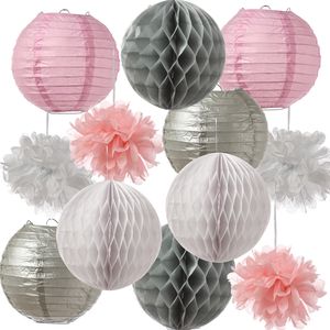 Partyset Papierdekoration  - 12-teilig - Pompons/Lampions/Wabenbälle - grau, weiß, rosa