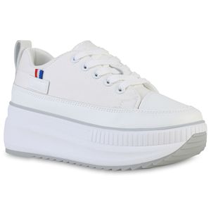 VAN HILL Damen Plateau Sneaker Stoff Schnürer Profil-Sohle Schnür-Schuhe 838333, Farbe: Weiß, Größe: 39