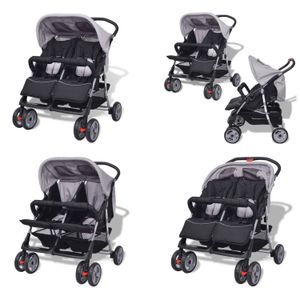 vidaXL Zwillingskinderwagen Stahl Grau und Schwarz - Kinderwagen - Kinderbuggy - Kinderbuggys - Doppel Kinderwagen