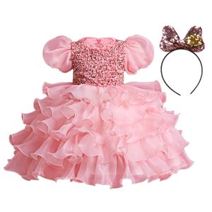 Puffärmel Kinderkleid Mädchen Geburtstag Blume Pailletten Tanzshow Prinzessin Kleid mit Stirnband Rosa-110CM