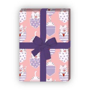 Lustiges Kinder Geschenkpapier, rosa, mit kleinen Katzen - G12318, 32 x 48cm