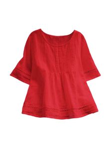 Damen Blusen Baumwolle Leinen T Shirt Kurzarm Oberteile Sommer Tops Elegant Shirts Rot,Größe XL