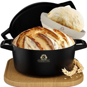 KAISERTAL® Gusseisen Brottopf [inkl. Gärkorb] - Robuster 26cm Brotbacktopf - Ideale Brotbackform mit Deckel, Gusseisen Zubehör