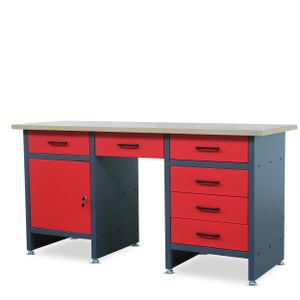 Werkbank mit Arbeitsplatte Werktisch mit 6 Schubladen Schließfach Verstellbare Füße MDF-Arbeitsplatte Belastbar bis 500 kg Metall 170 cm x 60 cm x 85 cm Farbe: Anthrazit-Rot
