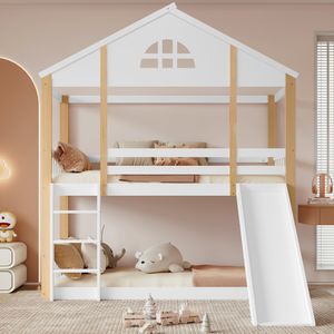 Flieks Etagenbett 90x200cm mit Rausfallschutz, Kinderbett mit Rutsche und Leiter, Hochbett mit Lattenrost, Hausbett Einzelbett Massivholzbett