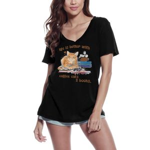 Damen Grafik T-Shirt V-Ausschnitt Das Leben ist besser mit Kaffeekatzen und Büchern - süß – Life's Better With Coffee Cats And Books - Cute