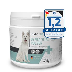 REAVET Denta Vital Zahnpflege Pulver für Hund & Katze 300g - Natürlicher Zahnsteinentferner, Effektive Zahnreinigung ohne Zahnbürste, Mittel gegen Zahnstein und Maulgeruch beim Hund