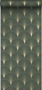 ESTAhome Tapete Art Decó Muster Dunkelgrün und Gold - 139584 - 0.53 x 10.05 m
