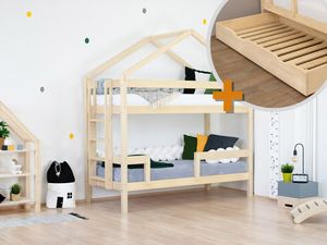 Benlemi Sada: Domečková patrová postel KILI 90x200 cm s dřevěným úložným šuplíkem BUDDY na kolečkách s roštem a plným dnem PřírodníImitace bez laku