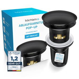 Bächlein Pop Up Ablaufgarnitur mit Überlauf für Waschbecken & Waschtisch - Schwarz