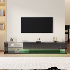 Merax TV-Lowboard mit Glasablagen und Schubladen, TV-Schrank hochglänzend schwarz mit LED, TV-Board TV-Ständer für Wohnzimmer, 170cm Breite