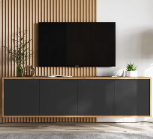 TV-Wandschrank Fernsehschrank TV-Schrank Apollo 2 Viertürig Modern Lindner Möbel Loft Style 150cm x 39cm x 35cm Farbe: Wotan Eiche matt - schwarz matt