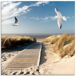 Eva Gruendemann: Nordseestrand auf Langeoog mit Möwen - Glasbild, Größe:20x20 cm / Glasbild