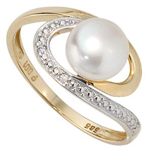 JOBO Damen Ring 585 Gold Gelbgold 1 Süßwasser Perle 2 Diamanten Brillanten Goldring Größe 60